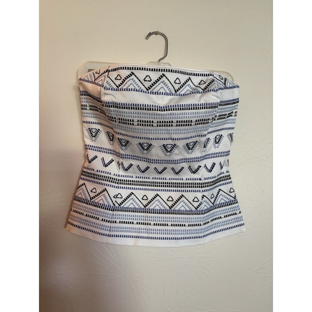White House Black Market 2 White Corset Bustier Blue Embroidery Zip Up Cotton